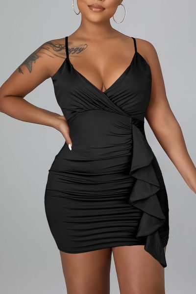 Sexy Solid Split Joint Flounce Spaghetti Strap Sling Dress Dresses