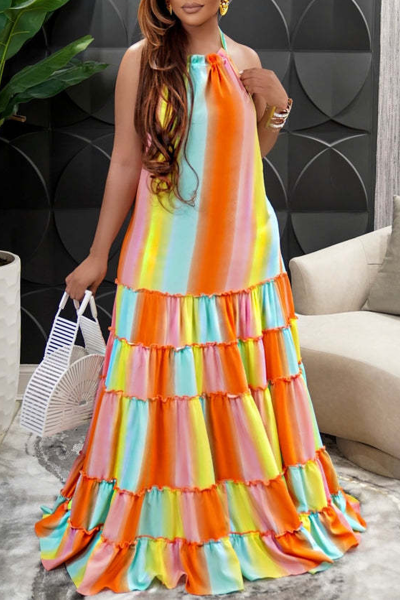 Casual Striped Split Joint Halter Cake Skirt Dresses