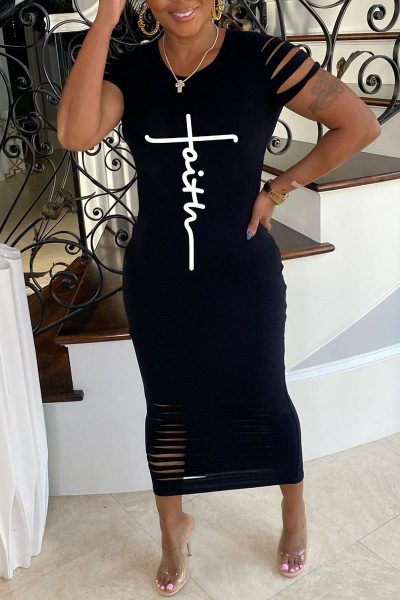 Casual Print Burn-out O Neck One Step Skirt Dresses